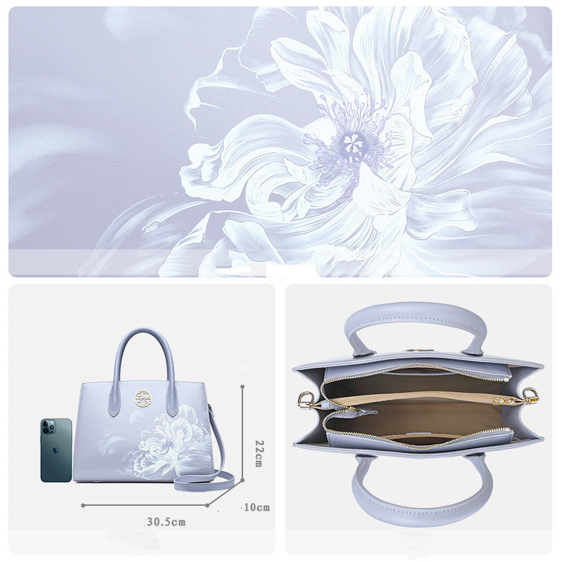 White handbag with floral design on a light gray background