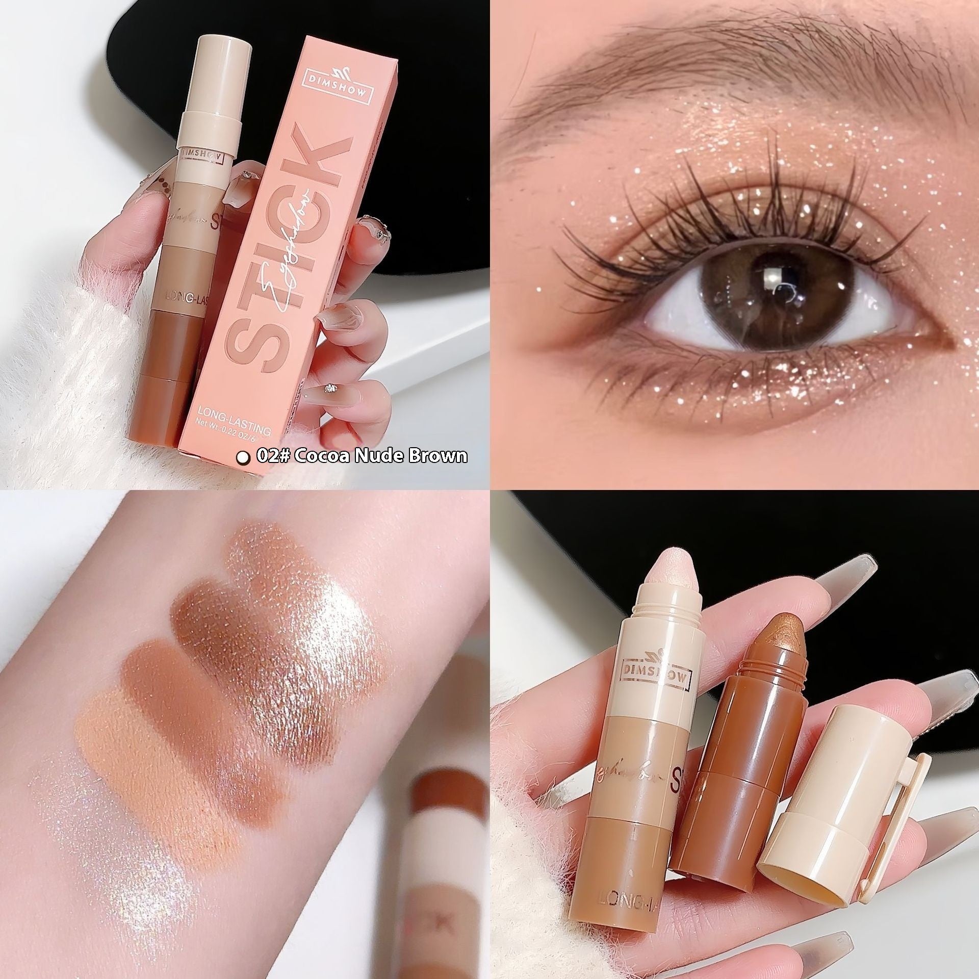 Collage of a makeup product with close-ups of an eye, swatch on skin, and packaging.