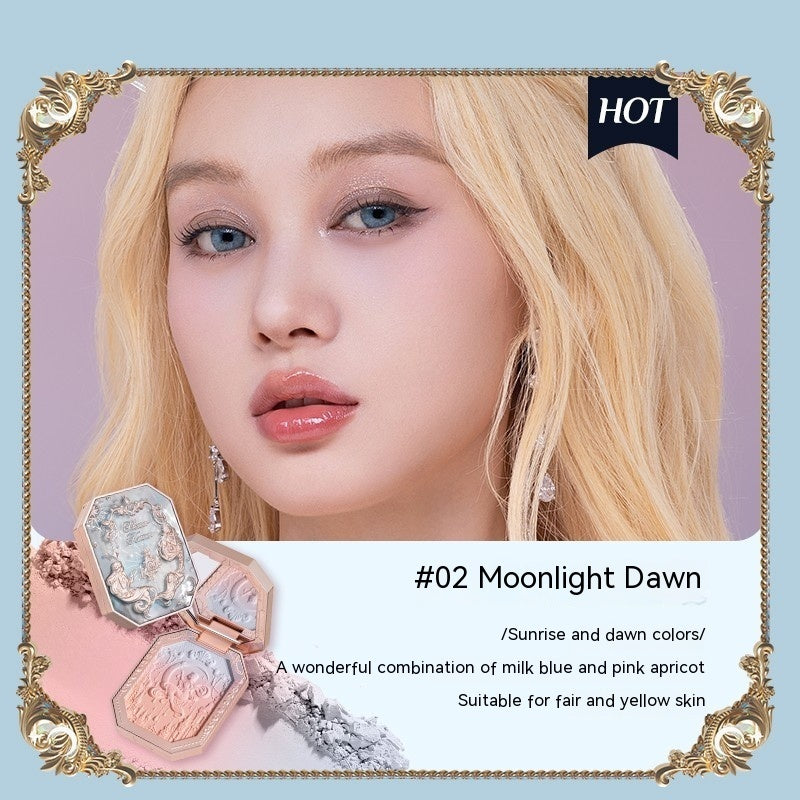 Makeup product with a model wearing it, set against a decorative frame.