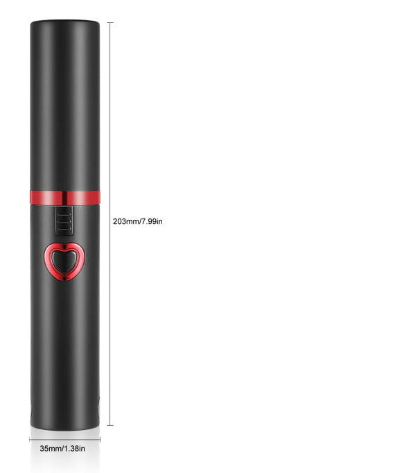 Black and red cylindrical device with heart-shaped logo on a white background