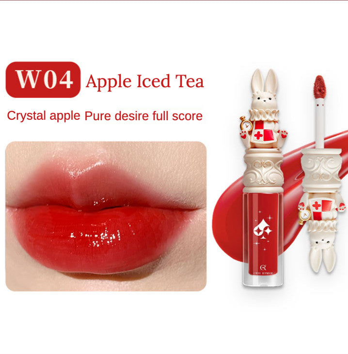 Lipstick with rabbit design and 'W04 Apple Iced Tea' color swatch on a white background