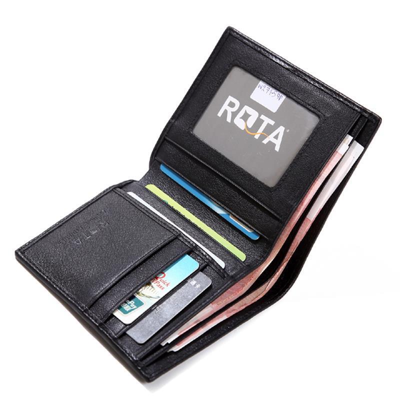 Black leather wallet with card slots and Rota logo on a white background