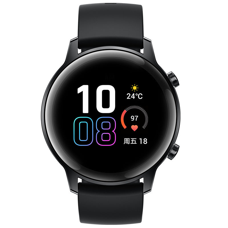Black smartwatch with a round display on a white background