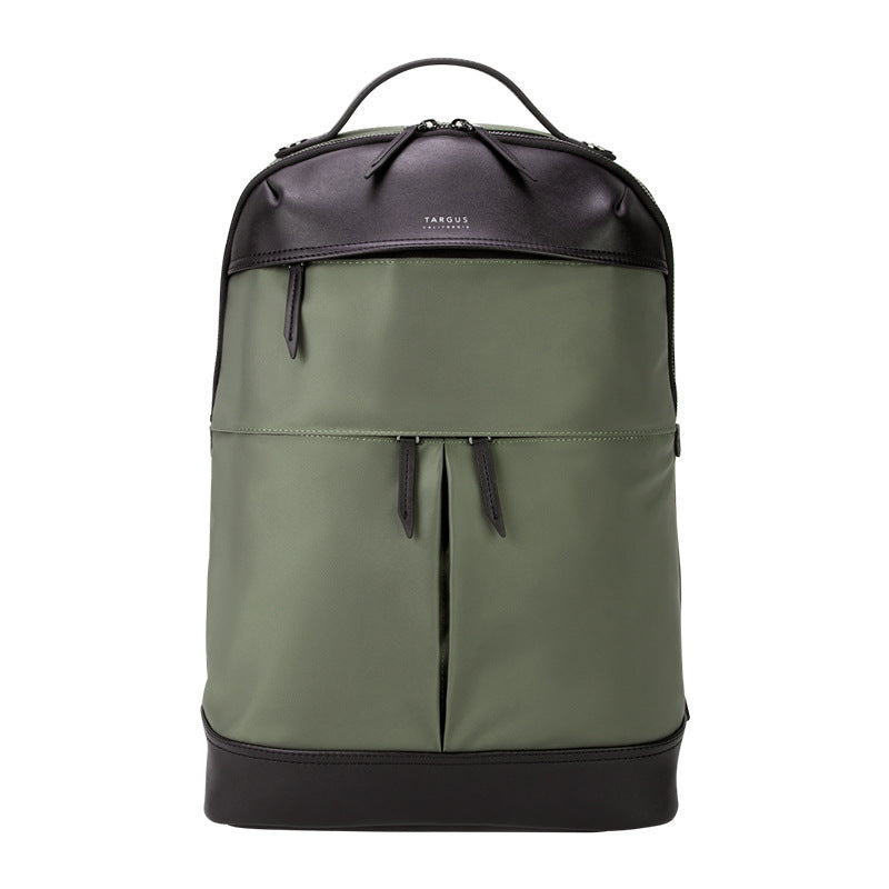 Green backpack with black accents on a white background