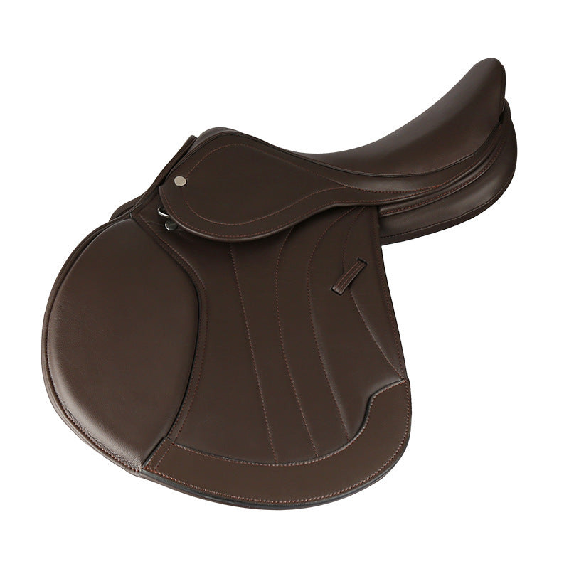 Brown leather saddle on a white background
