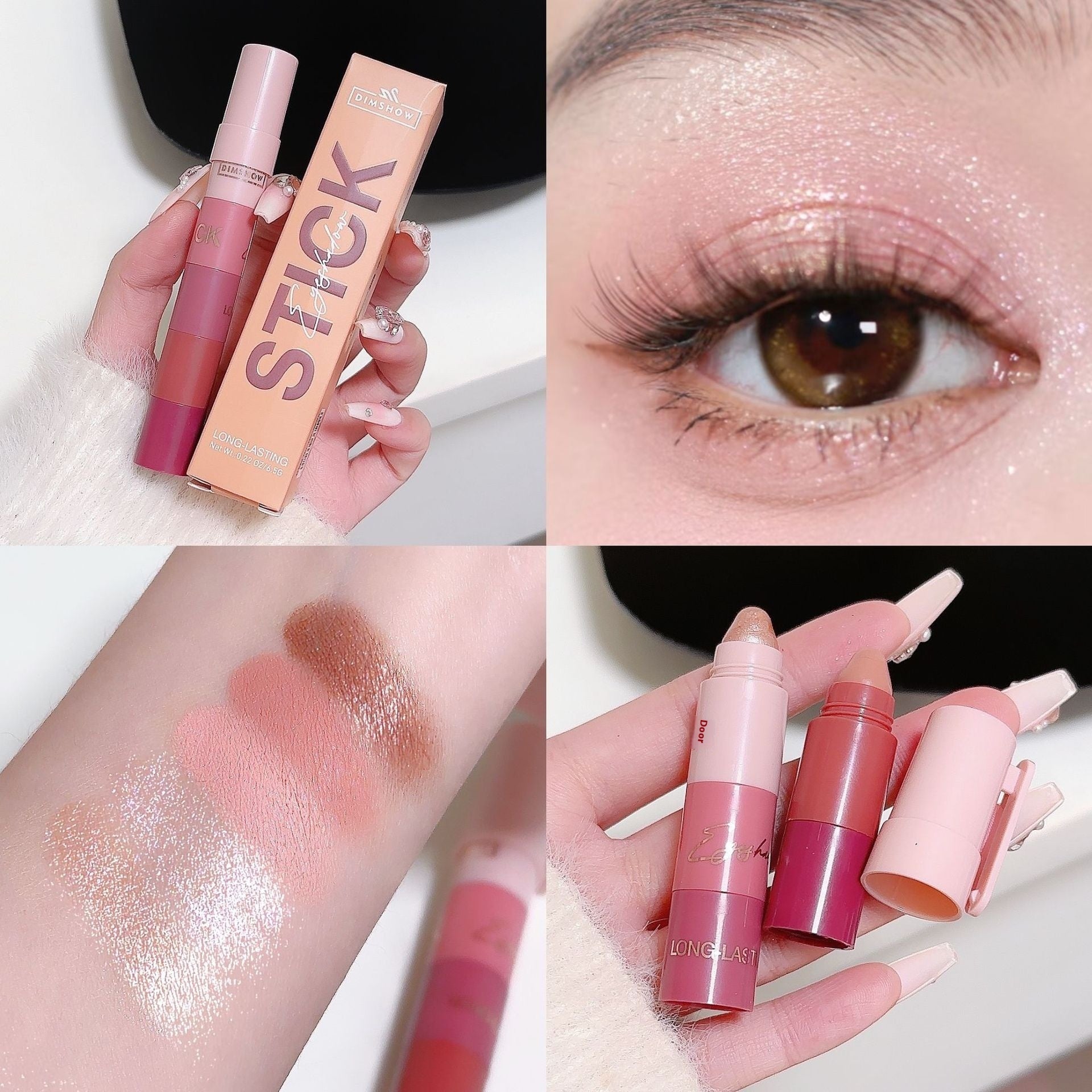 Collage of makeup products including lipsticks, an eye with glitter, and swatches on skin.