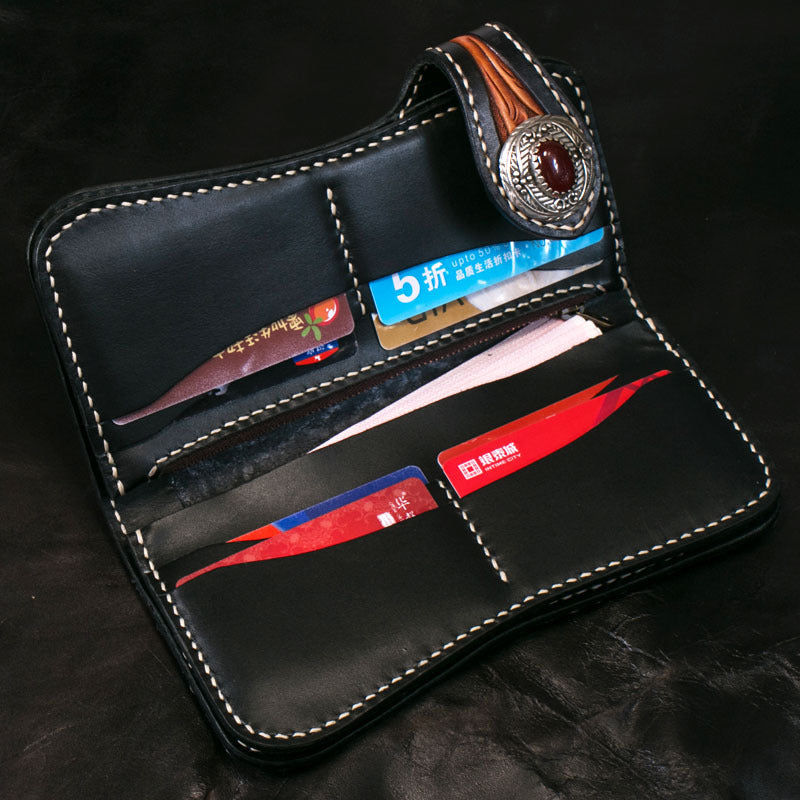 Black leather wallet with card slots on a dark background