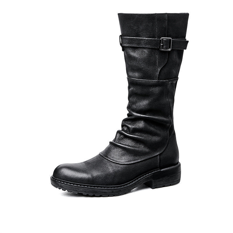 Black knee-high boot with a buckle on a white background