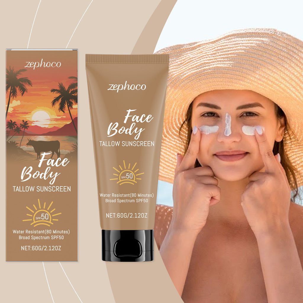Zephaco tallow sunscreen with packaging and a person applying it.