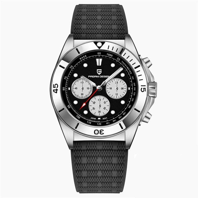 Black wristwatch with a detailed face on a white background