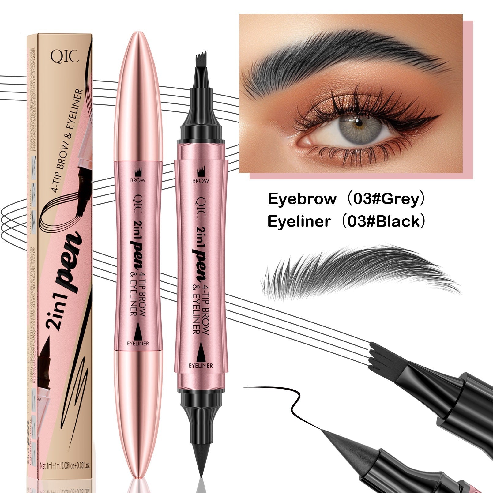 QIC 2-in-1 pen with eyebrow and eyeliner, packaging, and close-up of application on eye.