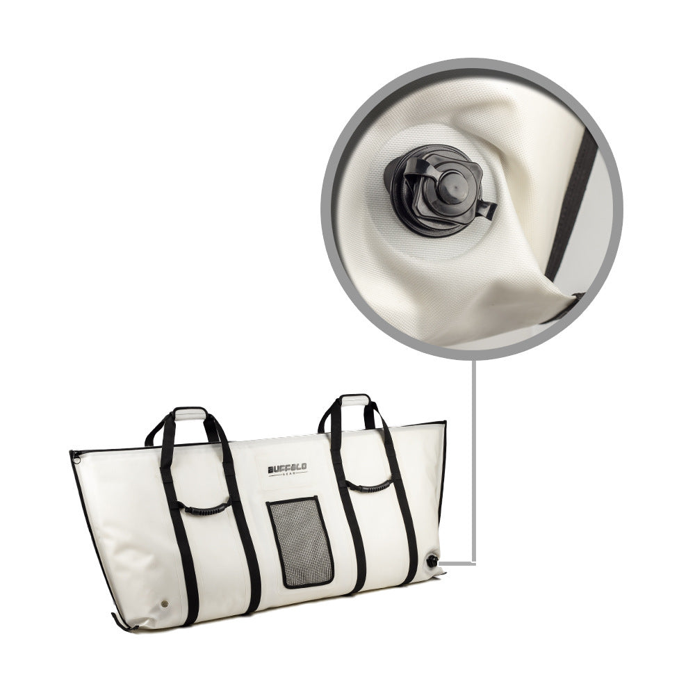 White tote bag with black straps and a silver suction cup on a white background
