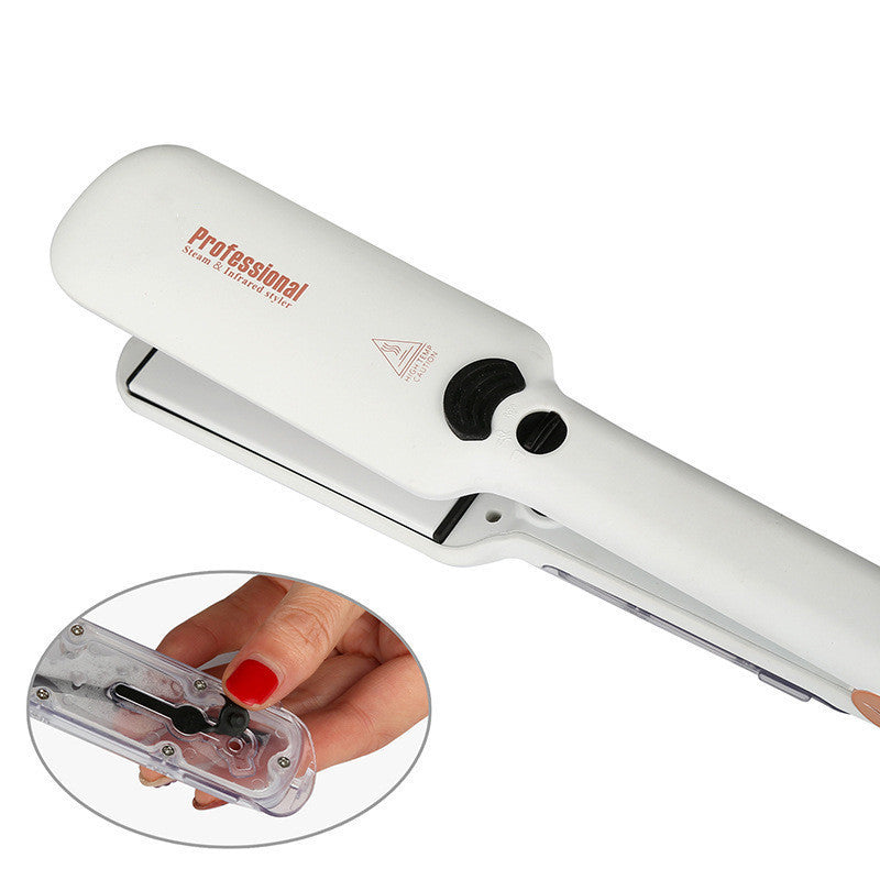 White hair straightener with visible brand name on a white background