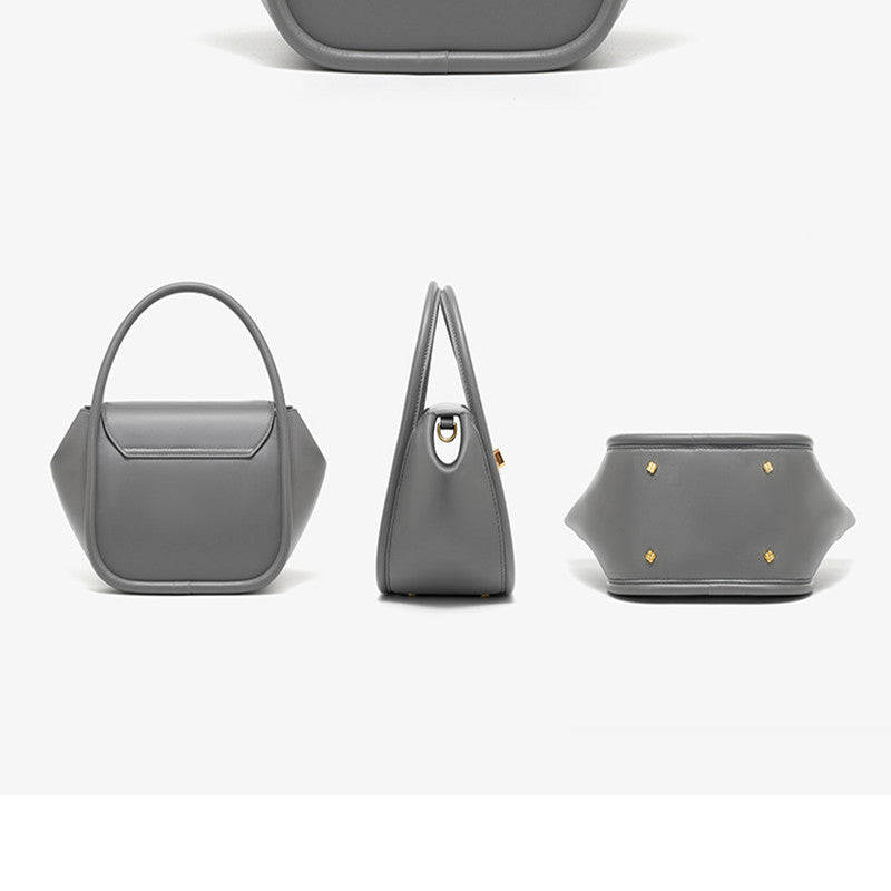 Gray handbag shown from multiple angles on a white background