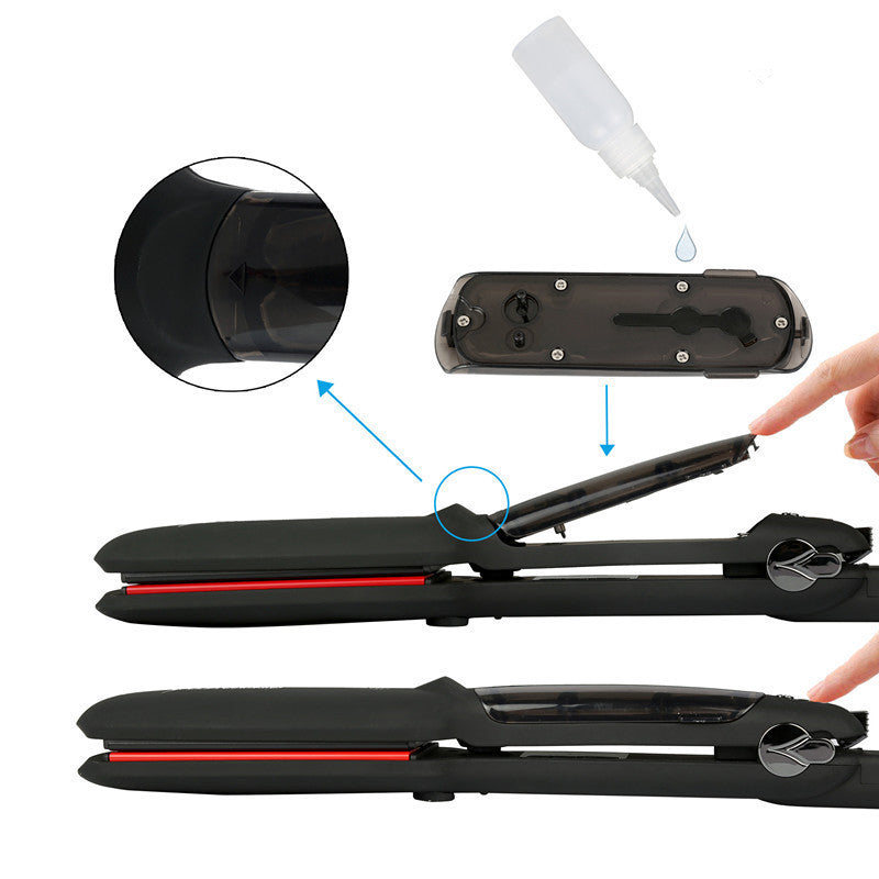 Black hair straightener with close-up details on a white background
