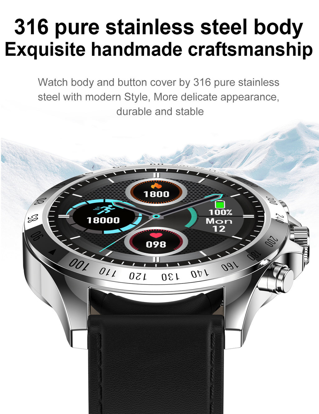 Smartwatch with a black strap and stainless steel body on a white background