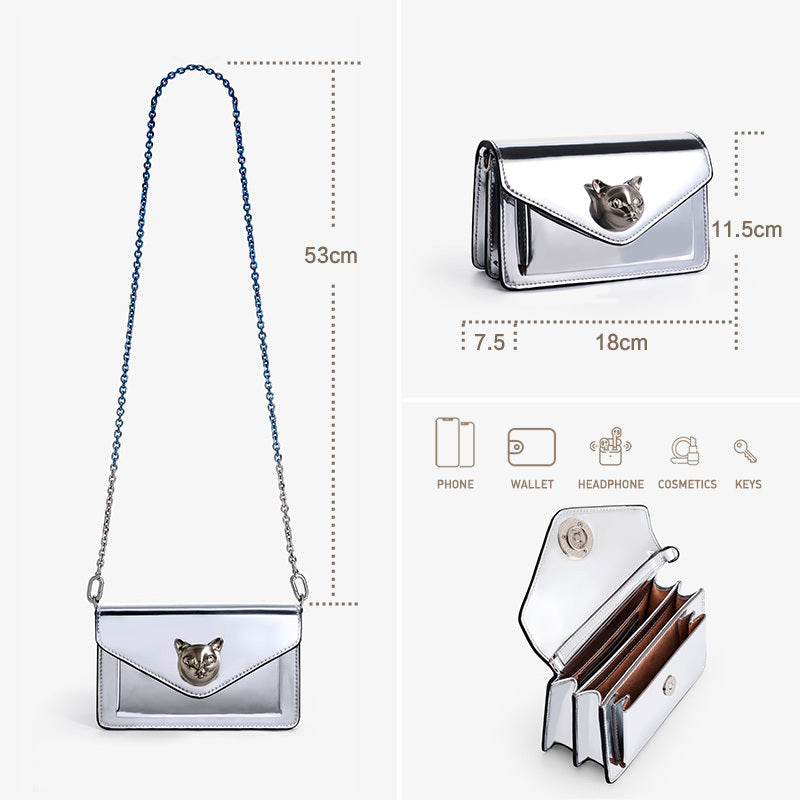 Silver handbag with chain strap, dimensions, and product uses on a white background