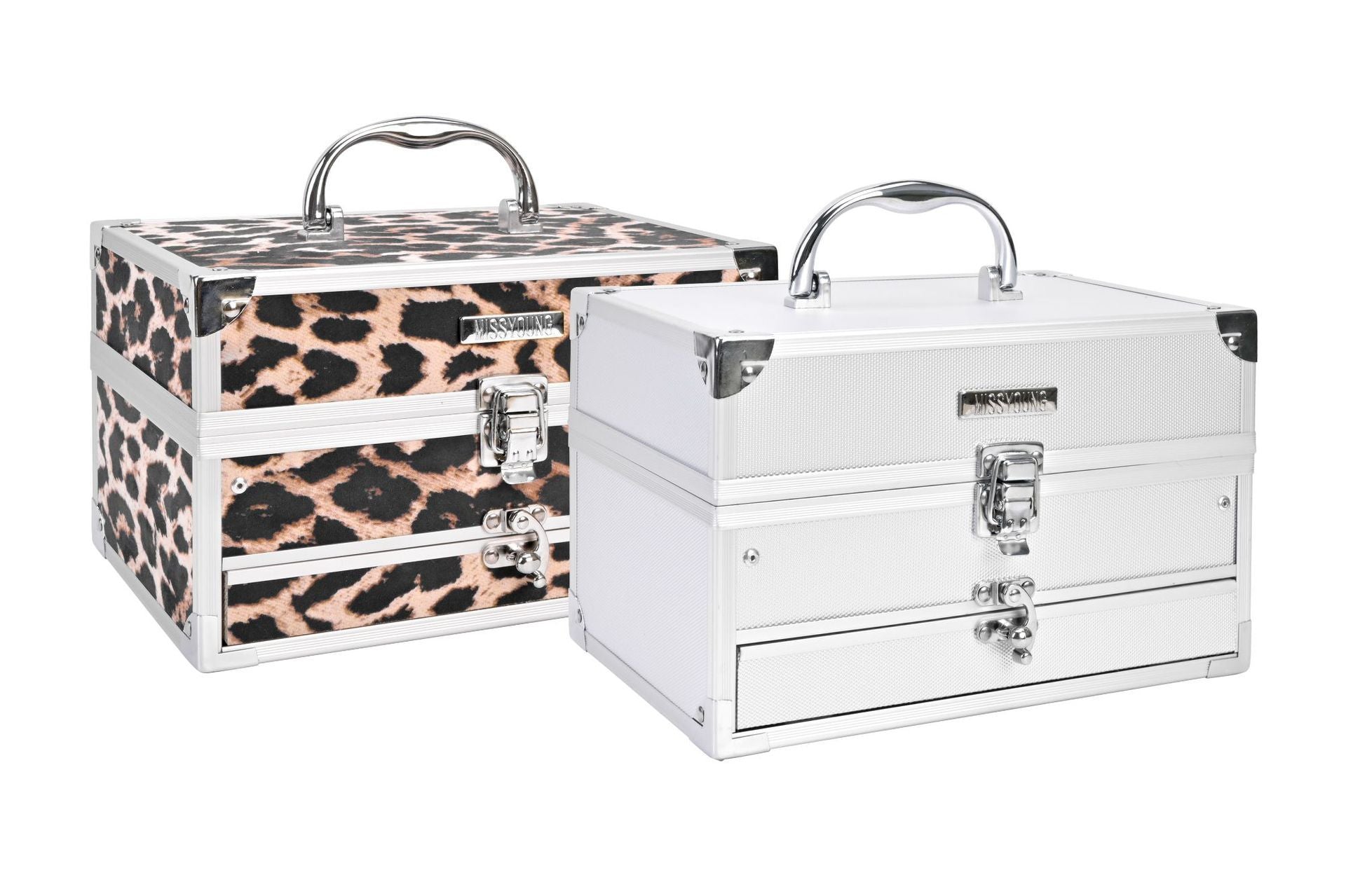 Two storage boxes, one with a leopard print design and the other plain white, on a white background.