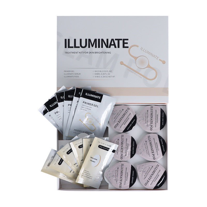 Illumination treatment kit for skin brightening with various packets on a white background