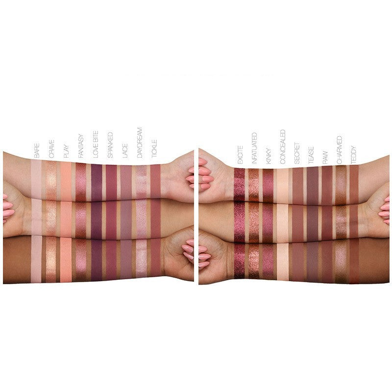 Color swatches on a person's arm with various shades of makeup.