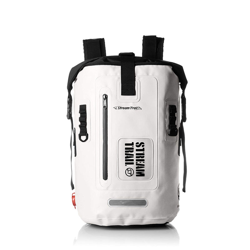 White backpack with black straps on a white background