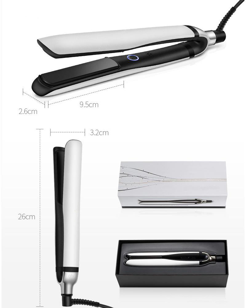 Hair straightener with dimensions and packaging on a white background