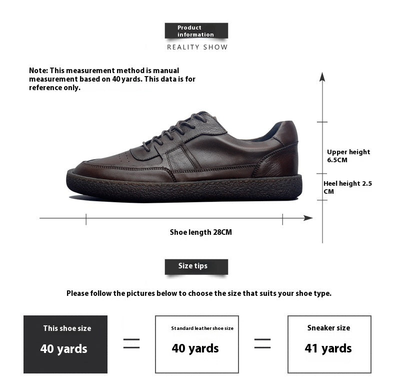 Measurement chart of a brown leather sneaker with dimensions and size information.