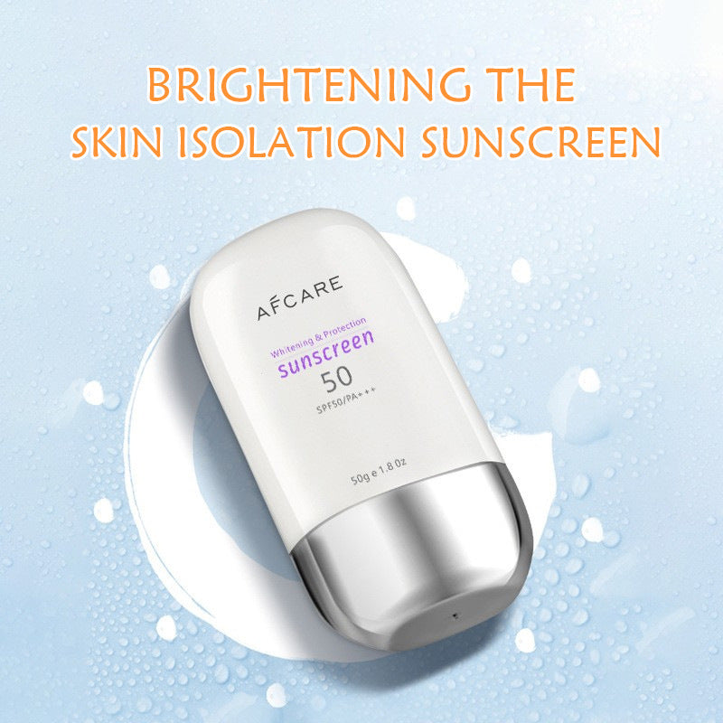 AFCARE sunscreen bottle on a light blue background with text 'Brightening the Skin Isolation Sunscreen'.
