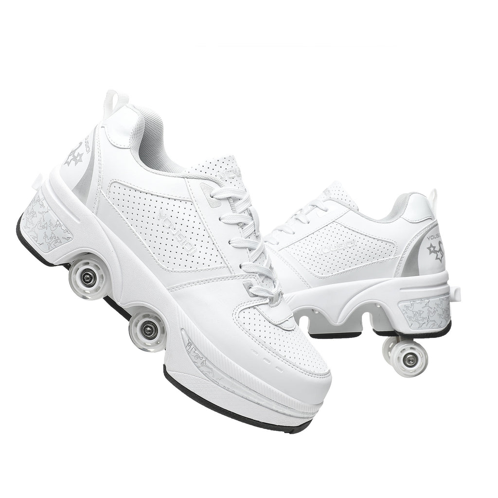 White sneakers with roller wheels on a white background