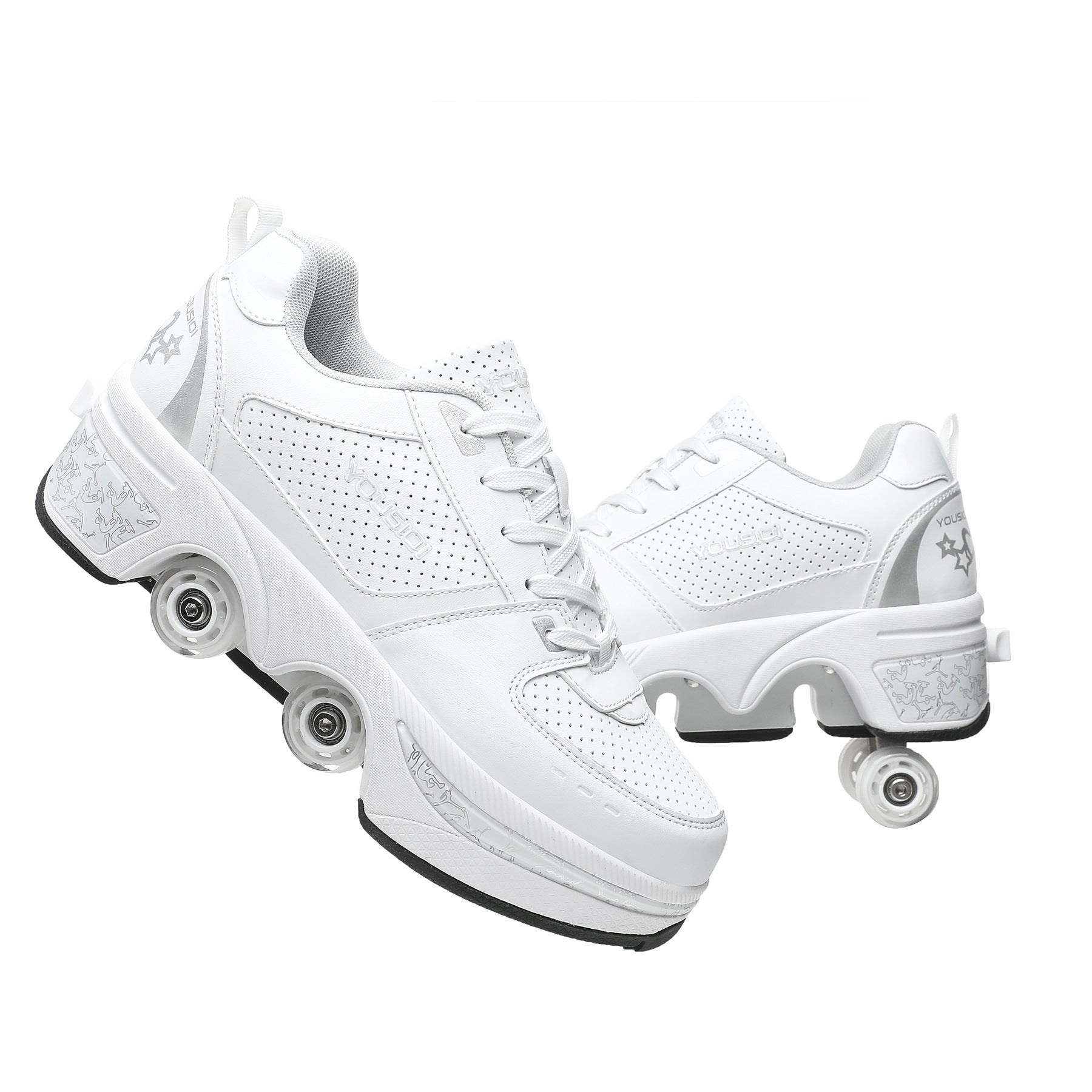 White sneakers with roller wheels on a white background