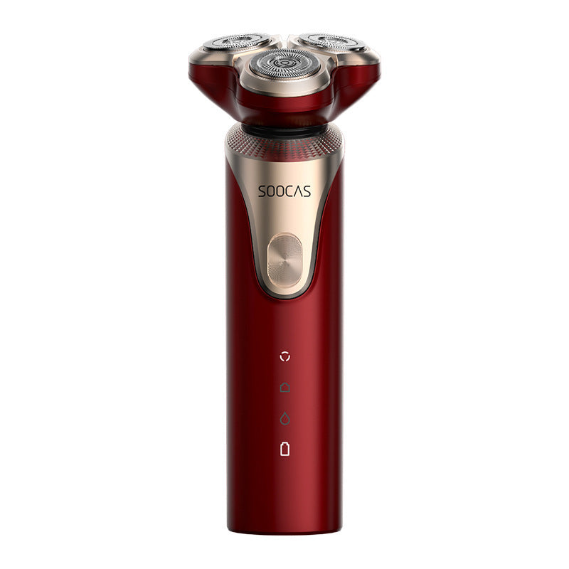 Red electric shaver with 'Soocas' branding on a white background