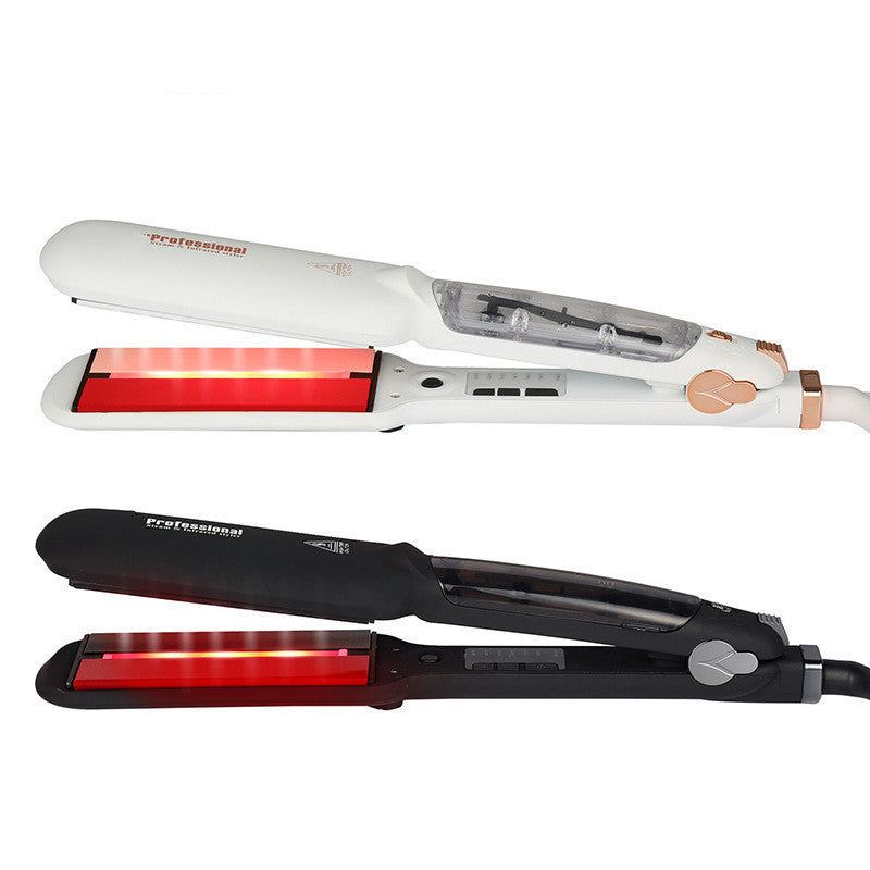 Two hair straighteners, one white and one black, on a white background.
