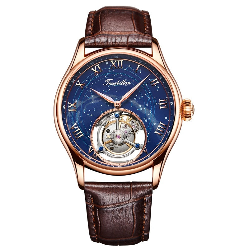 Luxury watch with blue face and brown leather strap on white background