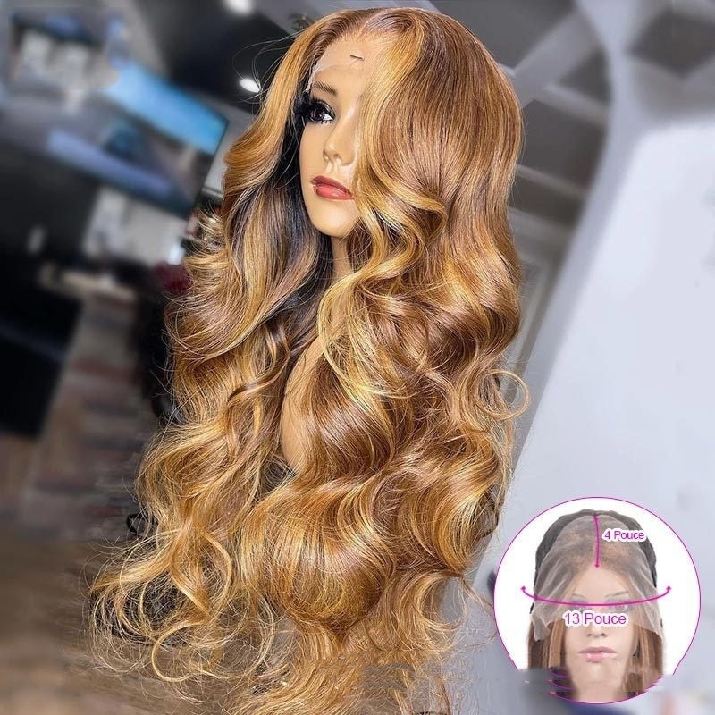 Blonde wavy wig with a close-up inset showing hairline details.