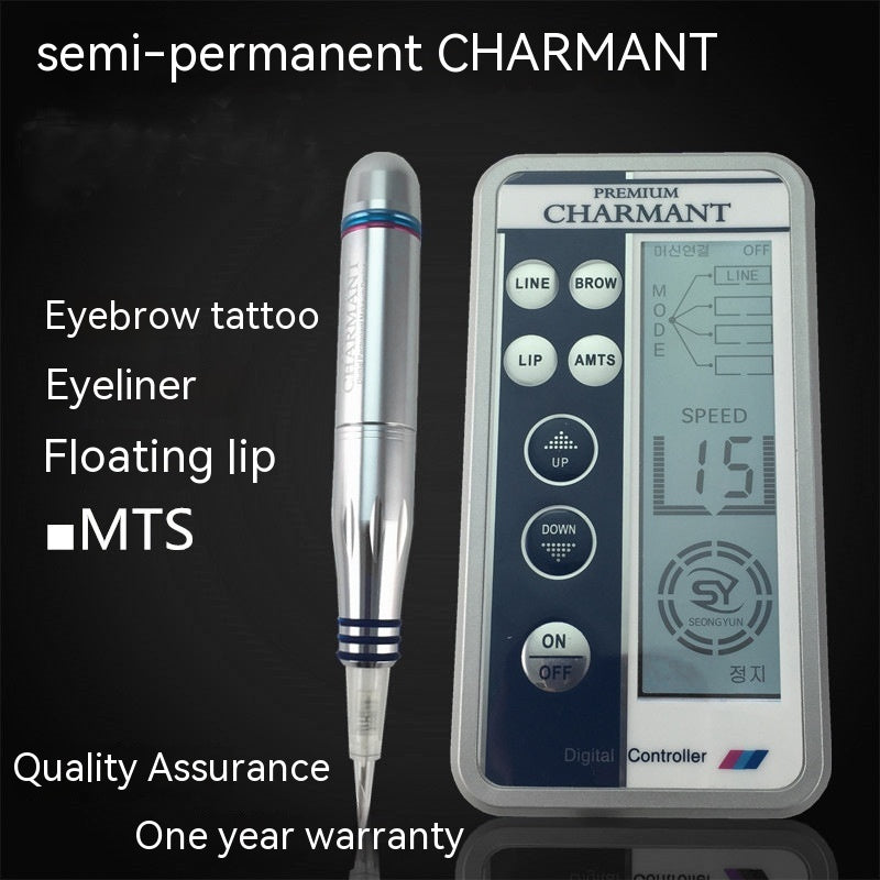 Charmant tattoo machine pen and digital controller on a black background