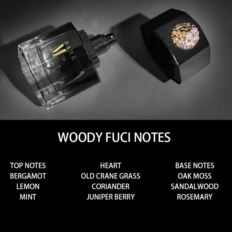 Perfume bottle with its cap on a dark background, featuring 'Woody Fuci Notes' text and notes list.