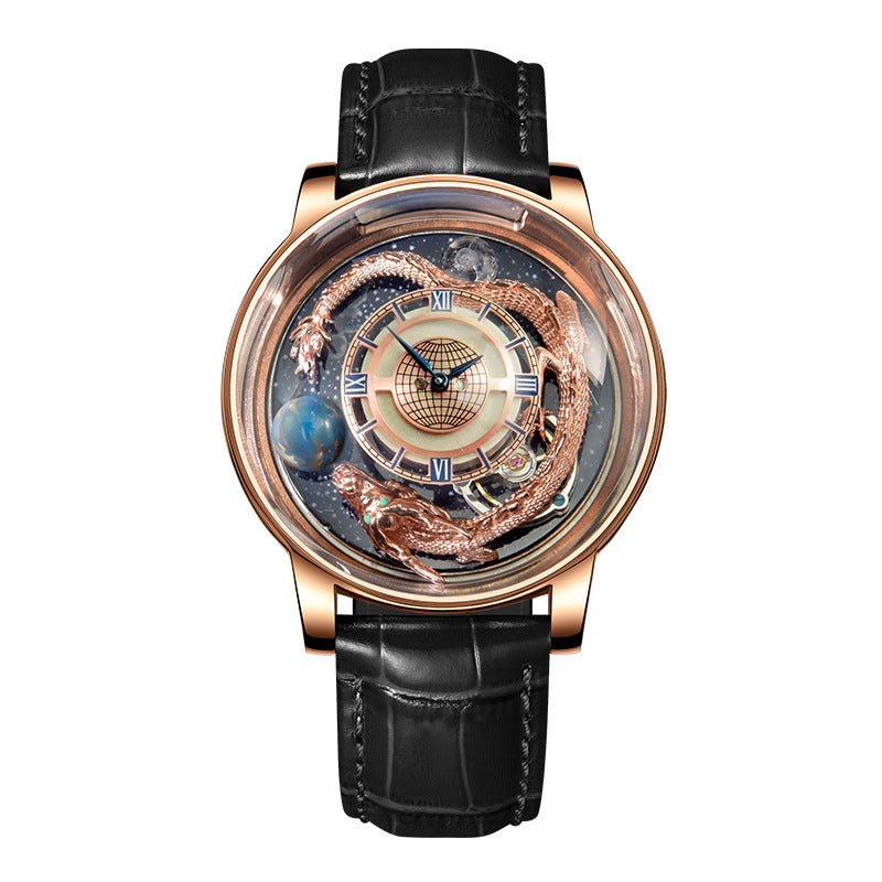Luxury watch with intricate design and black leather strap on white background