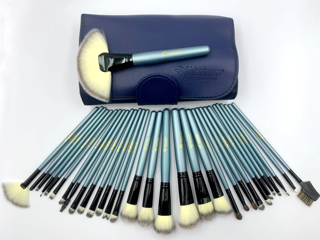 Set of makeup brushes with a blue case on a white background