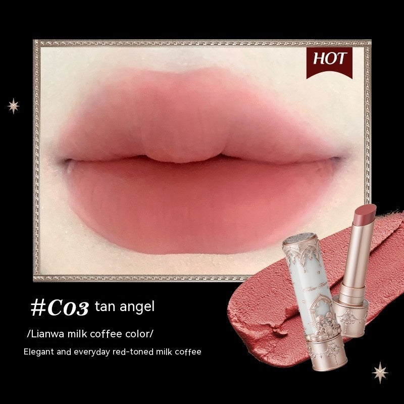 Lipstick with '#C03 tan angel' color swatch on lips and text 'HOT'.