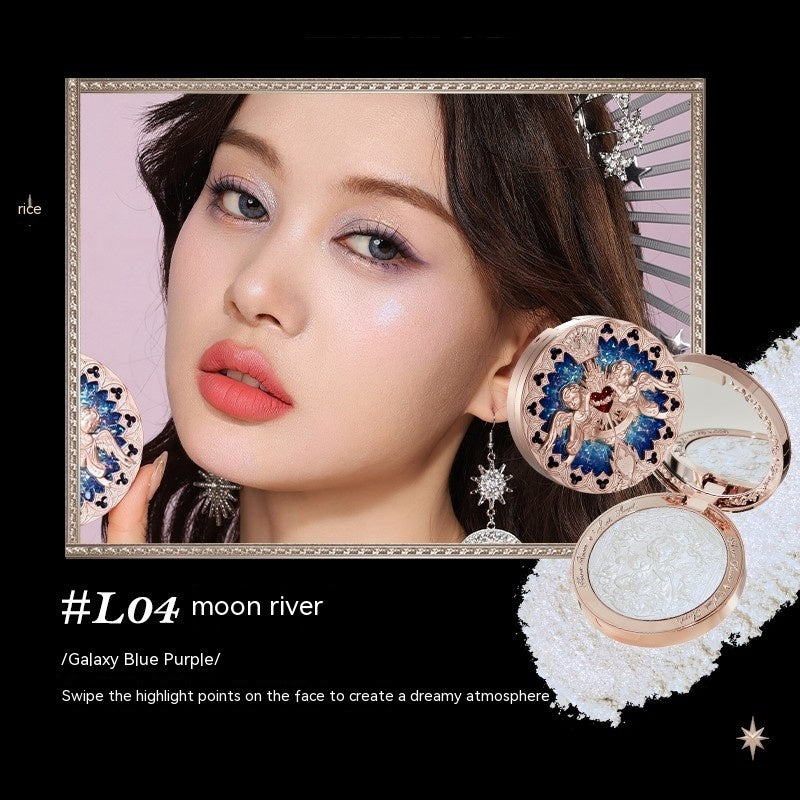 Makeup product with decorative case and face highlighting effect on a model.