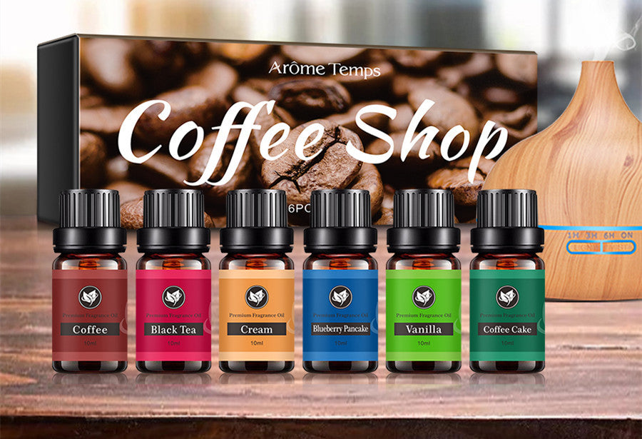 16 Theme Atmosphere Flameless Essential Oil Sets with six scented essential oil bottles including Coffee and Vanilla flavors
