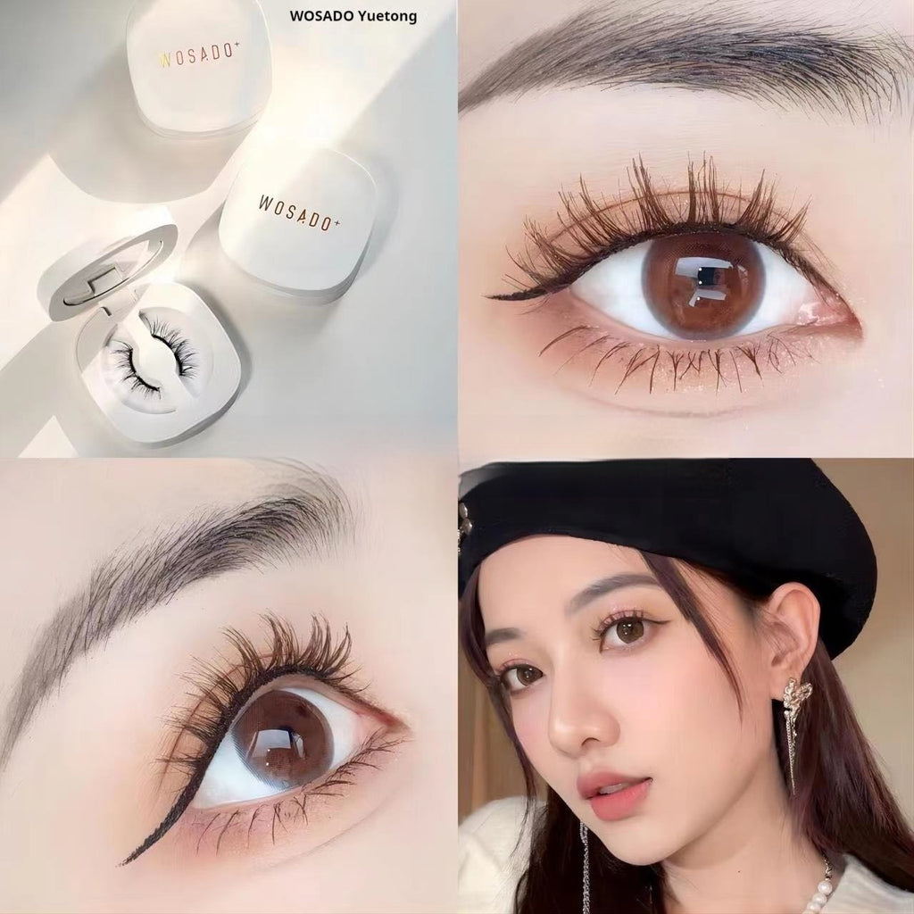 Collage of WOSADO contact lenses packaging, close-up of eyes with contact lenses, and a person wearing a black beret.