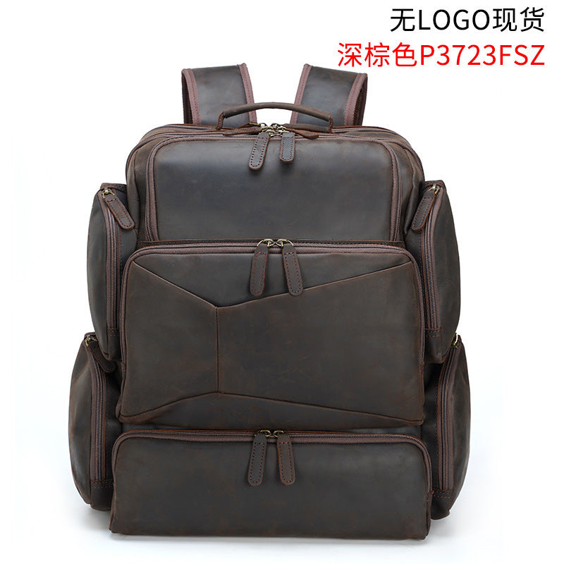 Brown leather backpack on a white background with text in red and black.