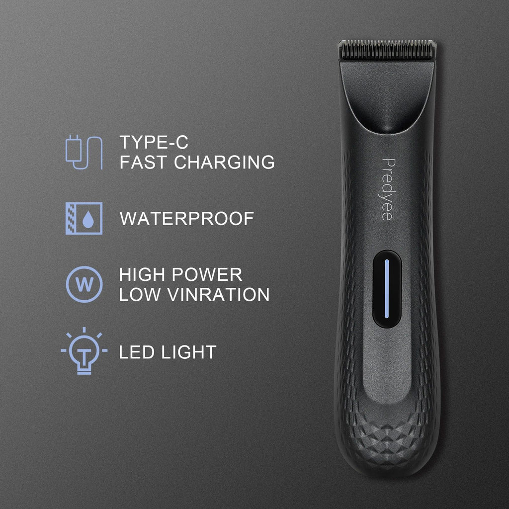 Black hair trimmer with charging and feature text on a gray background