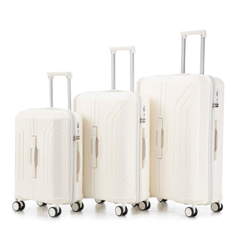 Set of three white suitcases of different sizes on a white background