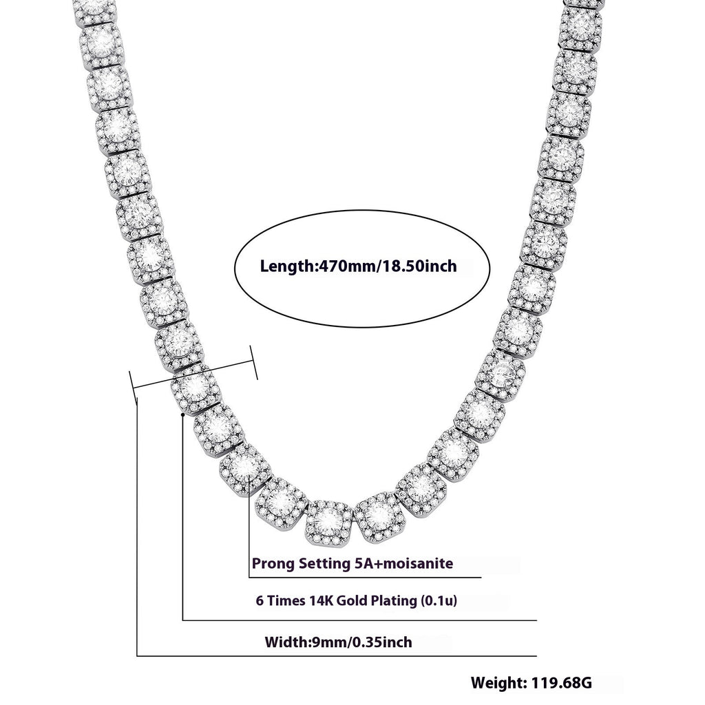 Diamante necklace with measurements on a white background