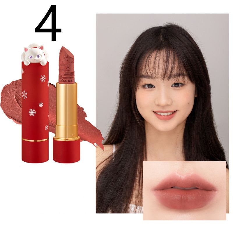Red lipstick with gold accents, a close-up of lips wearing the lipstick, and a model wearing the lipstick.