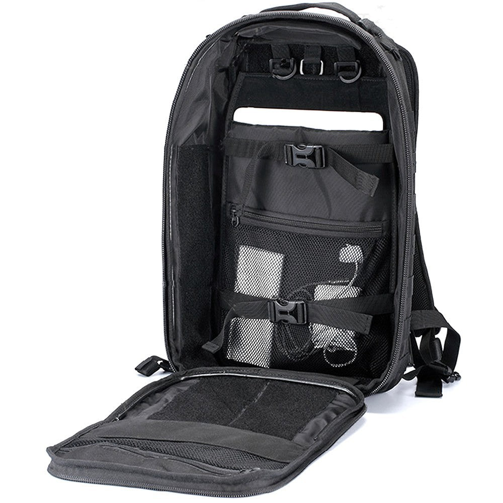 Black tactical backpack with multiple compartments on a white background