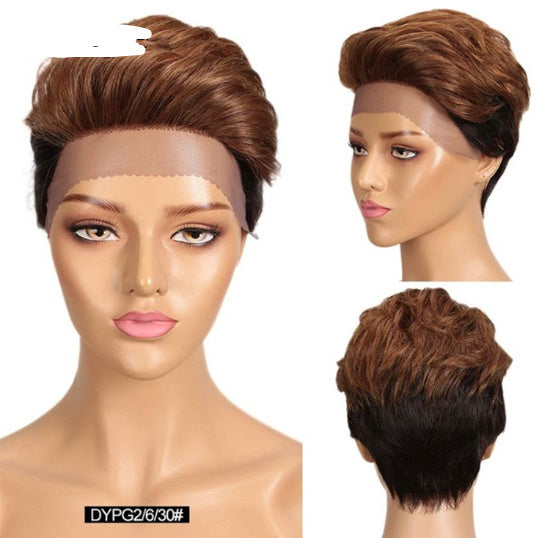 Brown wig on a mannequin head with close-up of hair texture, color code DYPG26/30#, and additional wig piece.
