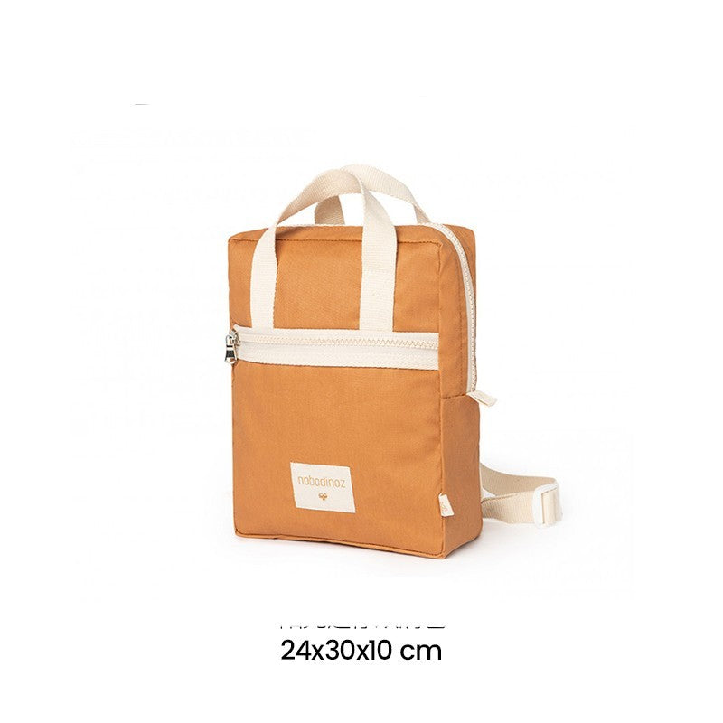 Brown backpack with white straps on a white background